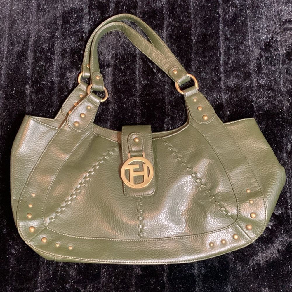 Vintage Y2K Tommy Hilfiger Olive Leather Shoulder Bag TH Logo Brass Hardware 90s